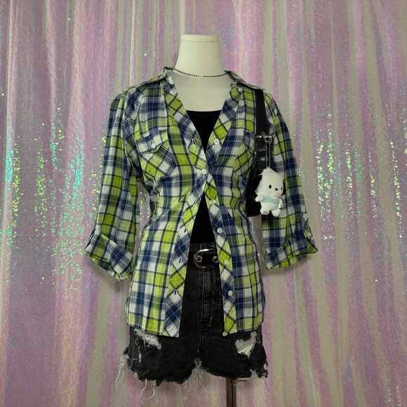 green and blue plaid button-down blouse - Picture 1 of 9